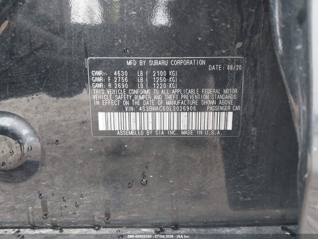 45569390 :رقم المزاد ، 4S3BWAC60L3026906 vin ، 2020 Subaru Legacy Premium مزاد بيع