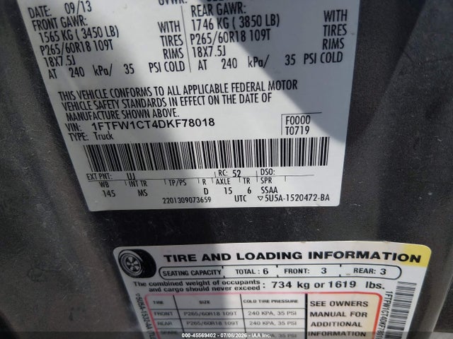 45569402 :رقم المزاد ، 1FTFW1CT4DKF78018 vin ، 2013 Ford F-150 Fx2/king Ranch/lariat/limited/platinum/xl/xlt مزاد بيع
