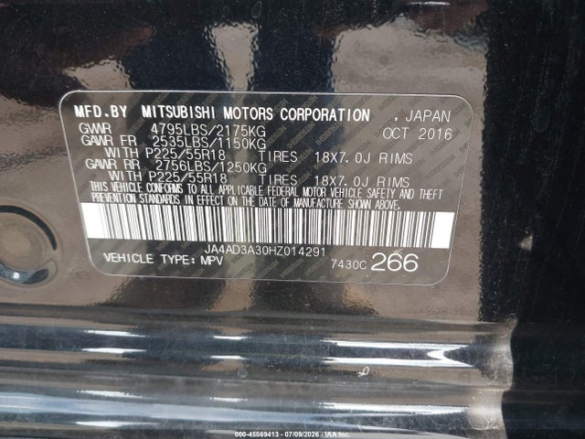 2017 Mitsubishi Outlander Se მანქანა იყიდება აუქციონზე, vin: JA4AD3A30HZ014291, აუქციონის ნომერი: 45569413