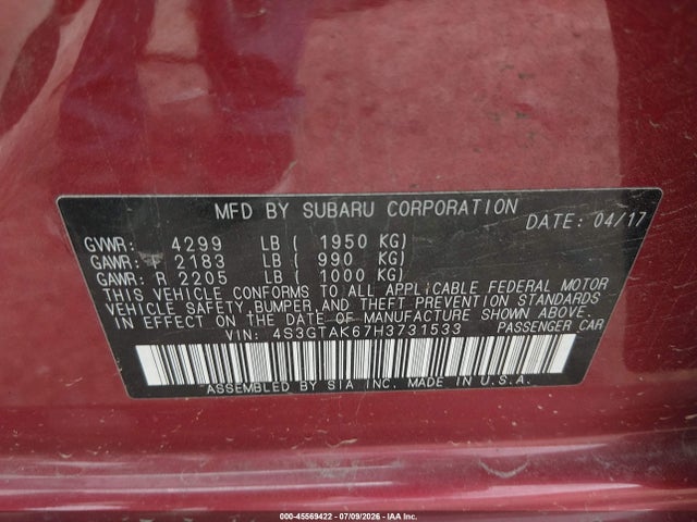 Aukcja sprzedaży 2017 Subaru Impreza 2.0i Sport, vin: 4S3GTAK67H3731533, numer aukcji: 45569422