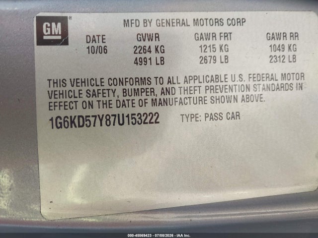 Продаж на аукціоні авто 2007 Cadillac Dts Professional V8, vin: 1G6KD57Y87U153222, номер лоту: 45569423