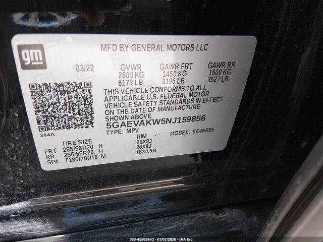 Aukcja sprzedaży 2022 Buick Enclave Awd Essence, vin: 5GAEVAKW5NJ159856, numer aukcji: 45569443