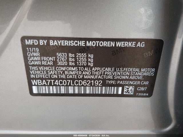 45569456 :رقم المزاد ، WBA7T4C07LCD62192 vin ، 2020 Bmw 740i Xdrive مزاد بيع