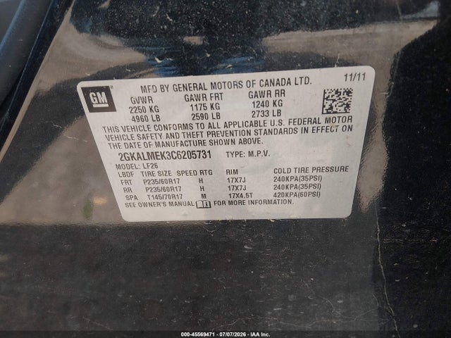 Aukcja sprzedaży 2012 Gmc Terrain Sle-1, vin: 2GKALMEK3C6205731, numer aukcji: 45569471