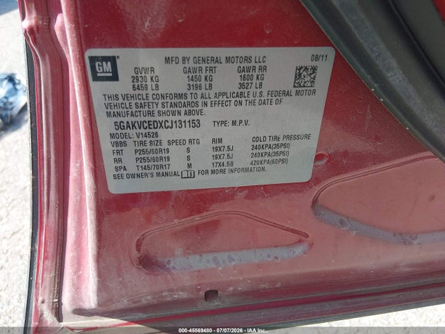 45569480 :رقم المزاد ، 5GAKVCEDXCJ131153 vin ، 2012 Buick Enclave Leather مزاد بيع