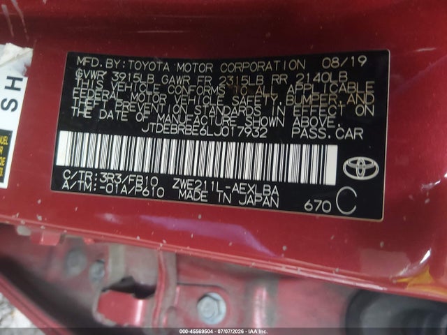 2020 Toyota Corolla Hybrid Le მანქანა იყიდება აუქციონზე, vin: JTDEBRBE6LJ017932, აუქციონის ნომერი: 45569504