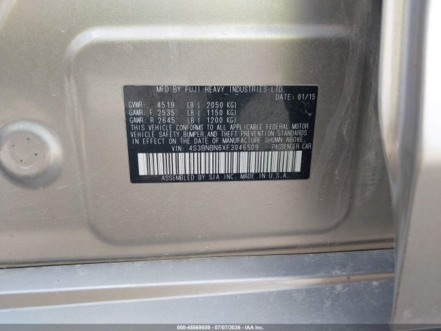 Продажа на аукционе авто 2015 Subaru Legacy 2.5i Limited, vin: 4S3BNBN6XF3046509, номер лота: 45569509