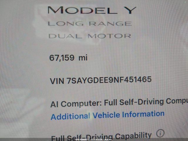 Auction sale of the 2022 Tesla Model Y Long Range Dual Motor All-wheel Drive, vin: 7SAYGDEE9NF451465, lot number: 45569512