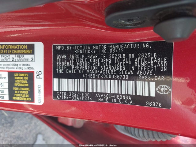 2012 Toyota Camry Hybrid Le მანქანა იყიდება აუქციონზე, vin: 4T1BD1FK0CU036730, აუქციონის ნომერი: 45569516