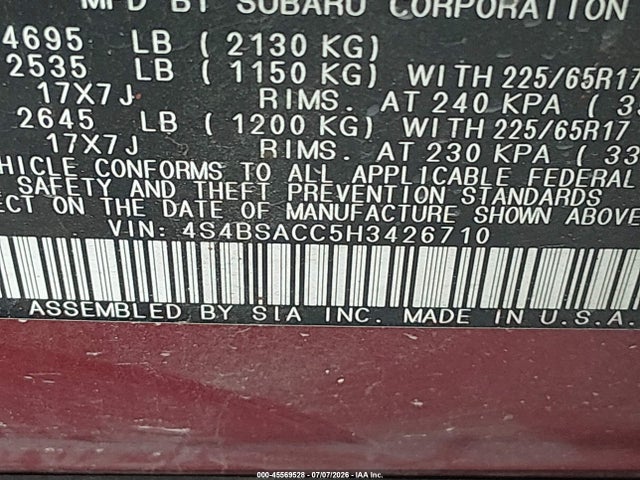 Aukcja sprzedaży 2017 Subaru Outback 2.5i Premium, vin: 4S4BSACC5H3426710, numer aukcji: 45569528