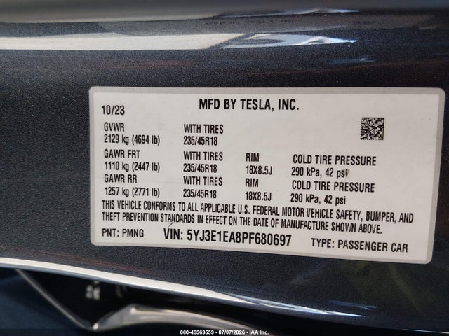 Продаж на аукціоні авто 2023 Tesla Model 3 Rear-wheel Drive, vin: 5YJ3E1EA8PF680697, номер лоту: 45569559