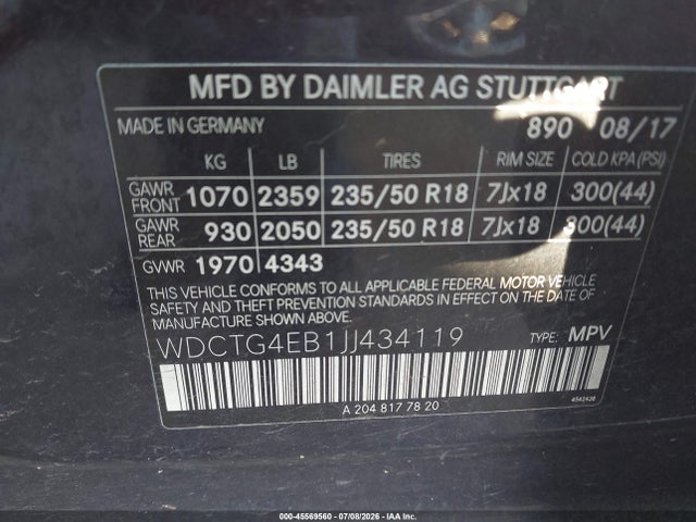 Aukcja sprzedaży 2018 Mercedes-benz Gla 250, vin: WDCTG4EB1JJ434119, numer aukcji: 45569560