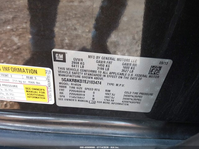 45569566 :رقم المزاد ، 5GAKRBKD7EJ183474 vin ، 2014 Buick Enclave Leather مزاد بيع