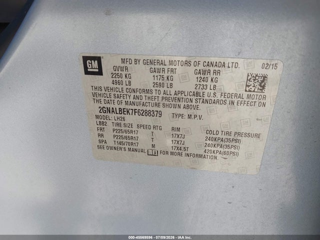 45569596 :رقم المزاد ، 2GNALBEK7F6288379 vin ، 2015 Chevrolet Equinox Lt مزاد بيع