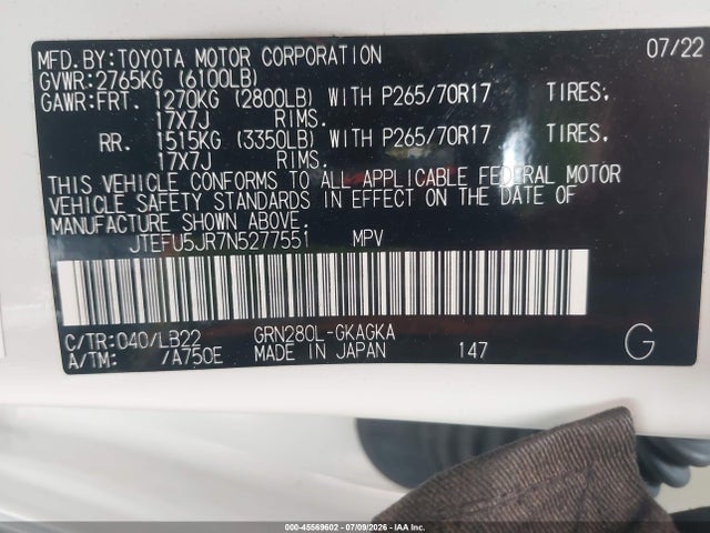 JTEFU5JR7N5277551 Toyota 4runner Sr5 Premium