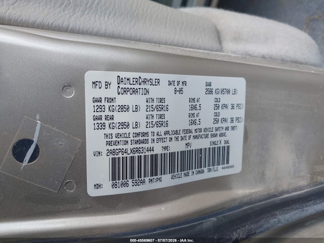 Продаж на аукціоні авто 2006 Chrysler Town & Country Limited, vin: 2A8GP64LX6R631444, номер лоту: 45569607