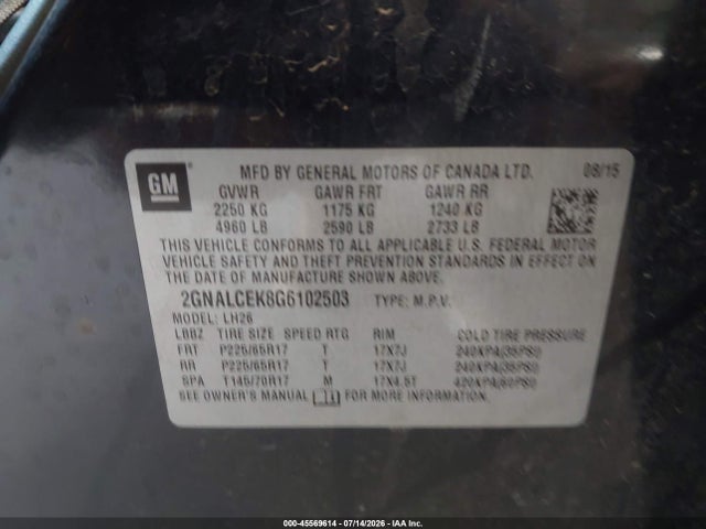 45569614 :رقم المزاد ، 2GNALCEK8G6102503 vin ، 2016 Chevrolet Equinox Lt مزاد بيع