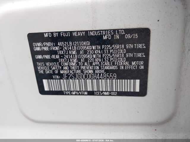 45569615 :رقم المزاد ، JF2SJGDC0GH448559 vin ، 2016 Subaru Forester 2.0xt Premium مزاد بيع