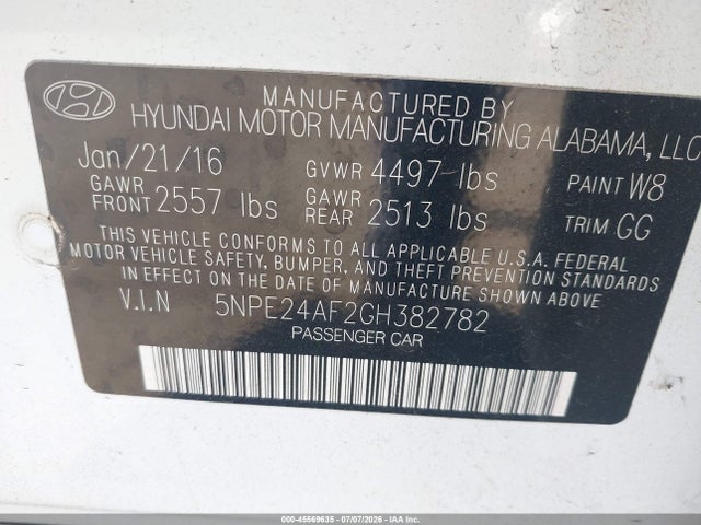 Auction sale of the 2016 Hyundai Sonata Se, vin: 5NPE24AF2GH382782, lot number: 45569635