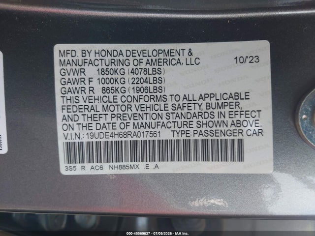 45569637 :رقم المزاد ، 19UDE4H68RA017561 vin ، 2024 Acura Integra A-spec Technology مزاد بيع