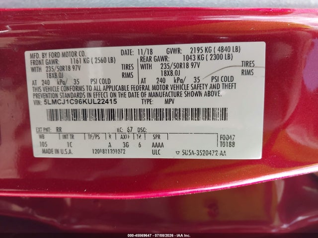 Продаж на аукціоні авто 2019 Lincoln Mkc Standard, vin: 5LMCJ1C96KUL22415, номер лоту: 45569647