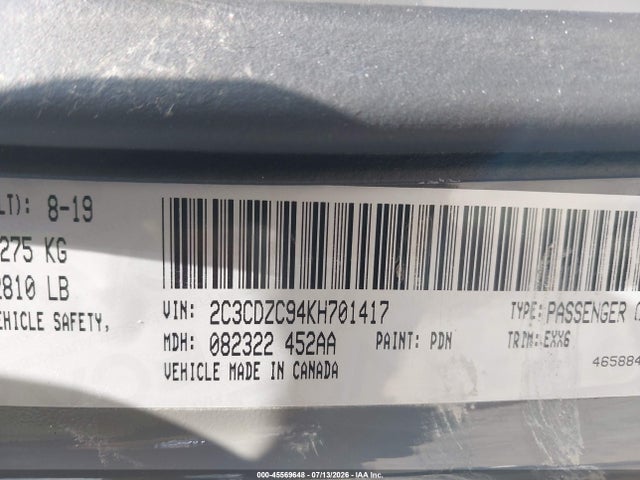 45569648 :رقم المزاد ، 2C3CDZC94KH701417 vin ، 2019 Dodge Challenger Srt Hellcat مزاد بيع