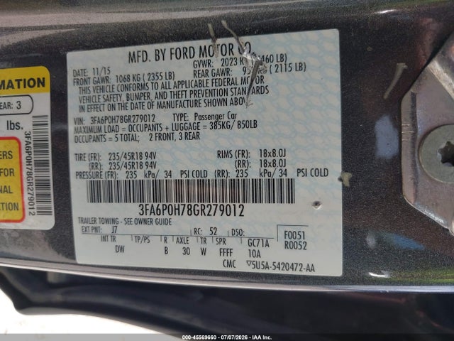 2016 Ford Fusion Se მანქანა იყიდება აუქციონზე, vin: 3FA6P0H78GR279012, აუქციონის ნომერი: 45569660
