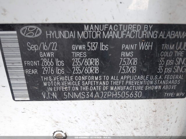 Aukcja sprzedaży 2023 Hyundai Santa Fe Sel, vin: 5NMS34AJ2PH505630, numer aukcji: 45569663