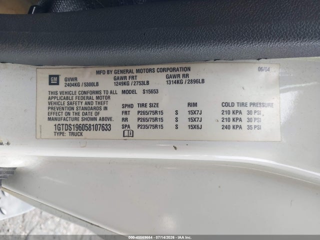 Aukcja sprzedaży 2005 Gmc Canyon Sle, vin: 1GTDS196058107633, numer aukcji: 45569664