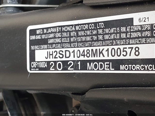 Продаж на аукціоні авто 2021 Honda Crf1100 D4, vin: JH2SD1048MK100578, номер лоту: 45569671