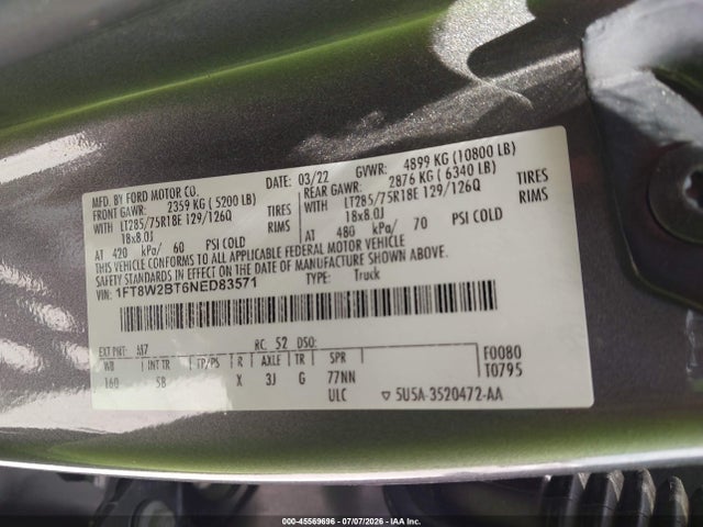 Продажа на аукционе авто 2022 Ford F-250 Lariat, vin: 1FT8W2BT6NED83571, номер лота: 45569696