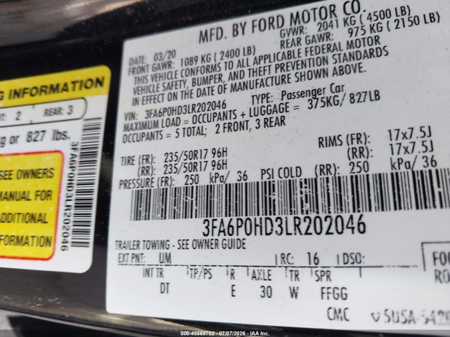 Ford FUSION SE 2020 3FA6P0HD3LR202046 Image 9