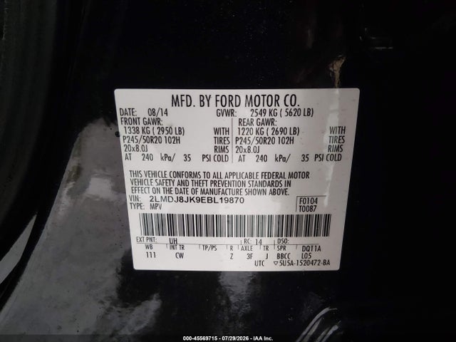 Aukcja sprzedaży 2014 Lincoln Mkx, vin: 2LMDJ8JK9EBL19870, numer aukcji: 45569715