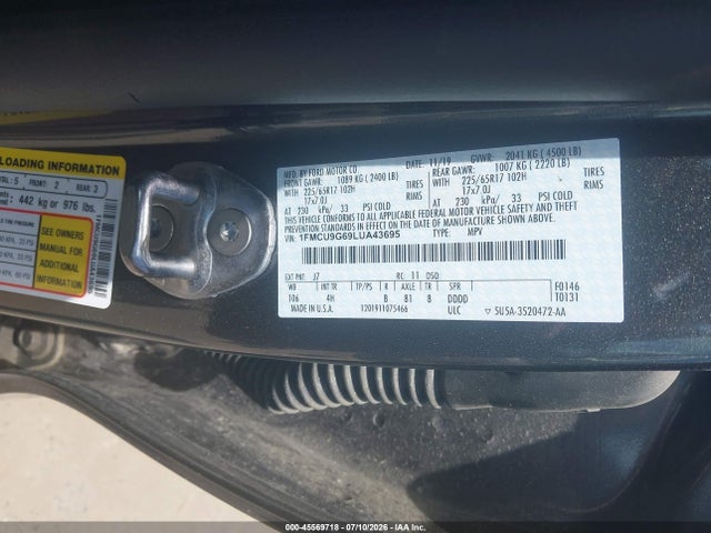 Продаж на аукціоні авто 2020 Ford Escape Se, vin: 1FMCU9G69LUA43695, номер лоту: 45569718