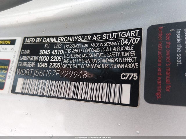 2007 Mercedes-benz Clk 350 მანქანა იყიდება აუქციონზე, vin: WDBTJ56H97F229948, აუქციონის ნომერი: 45569742