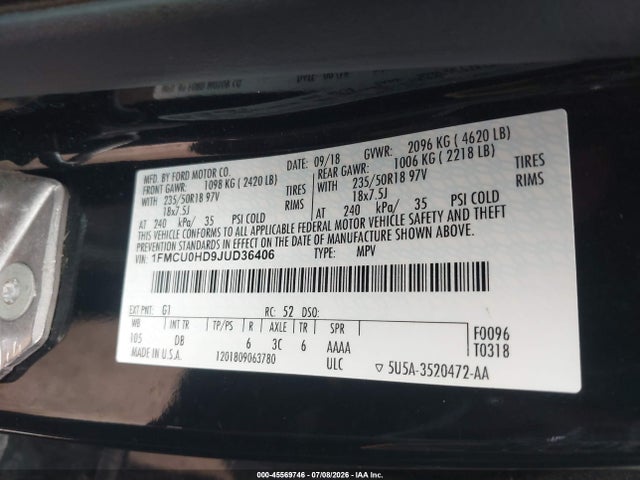 45569746 :رقم المزاد ، 1FMCU0HD9JUD36406 vin ، 2018 Ford Escape Sel مزاد بيع