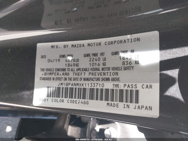45569753 :رقم المزاد ، JM1BPANMXK1133710 vin ، 2019 Mazda Mazda3 Premium Package مزاد بيع