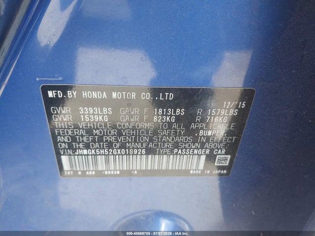 Продаж на аукціоні авто 2016 Honda Fit Lx, vin: JHMGK5H52GX018926, номер лоту: 45569785