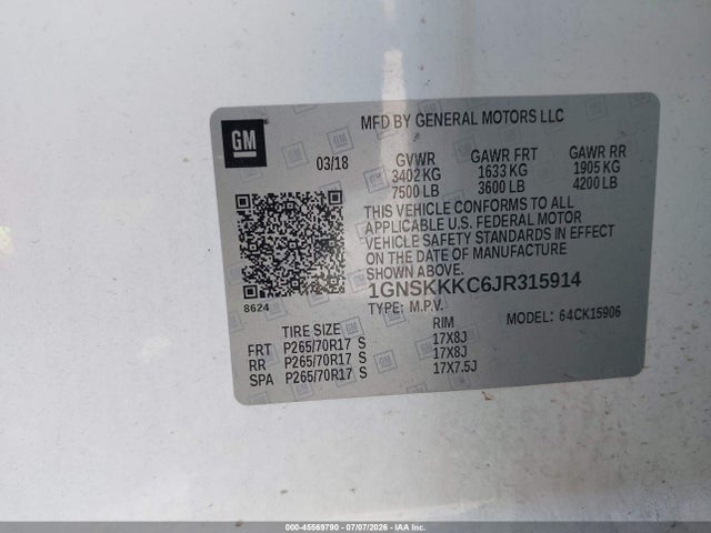 1GNSKKKC6JR315914 Chevrolet Suburban Commercial Fleet