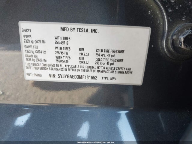 Aukcja sprzedaży 2021 Tesla Model Y Performance Dual Motor All-wheel Drive/standard Range Rear-wheel Drive, vin: 5YJYGAED3MF181652, numer aukcji: 45569799