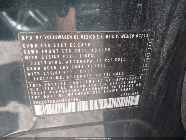 2019 Volkswagen Tiguan 2.0t Se/2.0t Sel/2.0t Sel R-line/2.0t Sel R-line Black მანქანა იყიდება აუქციონზე, vin: 3VV2B7AX3KM189669, აუქციონის ნომერი: 45569805