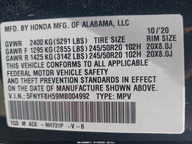 5FNYF8H59MB004992 Honda Passport Awd Ex-l