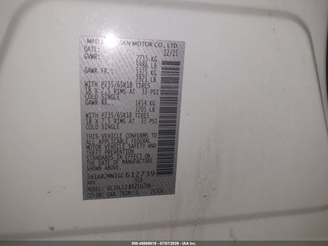 5N1AR2MN1GC612739 Nissan Pathfinder Sv