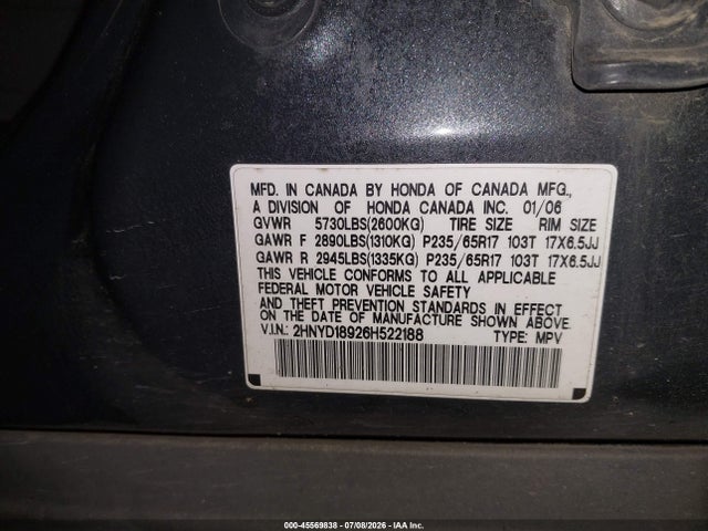 45569838 :رقم المزاد ، 2HNYD18926H522188 vin ، 2006 Acura Mdx مزاد بيع