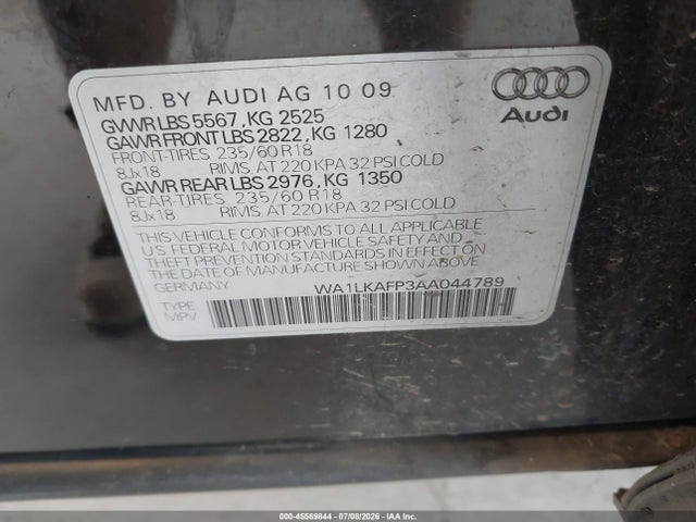 2010 Audi Q5 3.2 Premium მანქანა იყიდება აუქციონზე, vin: WA1LKAFP3AA044789, აუქციონის ნომერი: 45569844