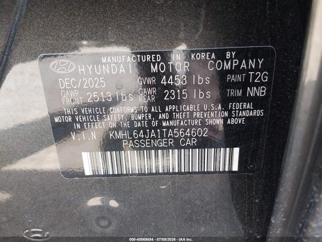 Aukcja sprzedaży 2026 Hyundai Sonata Sel Sport, vin: KMHL64JA1TA564602, numer aukcji: 45569894