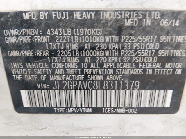 2014 Subaru Xv Crosstrek 2.0i Premium მანქანა იყიდება აუქციონზე, vin: JF2GPAVC8E8311379, აუქციონის ნომერი: 45569895