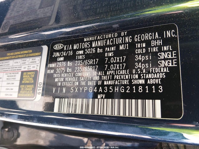 2017 Kia Sorento 2.4l Lx მანქანა იყიდება აუქციონზე, vin: 5XYPG4A35HG218113, აუქციონის ნომერი: 45569902
