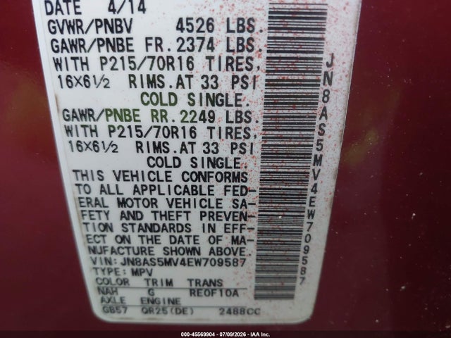 Aukcja sprzedaży 2014 Nissan Rogue Select S, vin: JN8AS5MV4EW709587, numer aukcji: 45569904