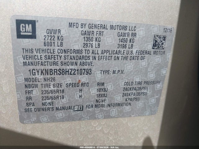 45569914 :رقم المزاد ، 1GYKNBRS8HZ210793 vin ، 2017 Cadillac Xt5 Luxury مزاد بيع